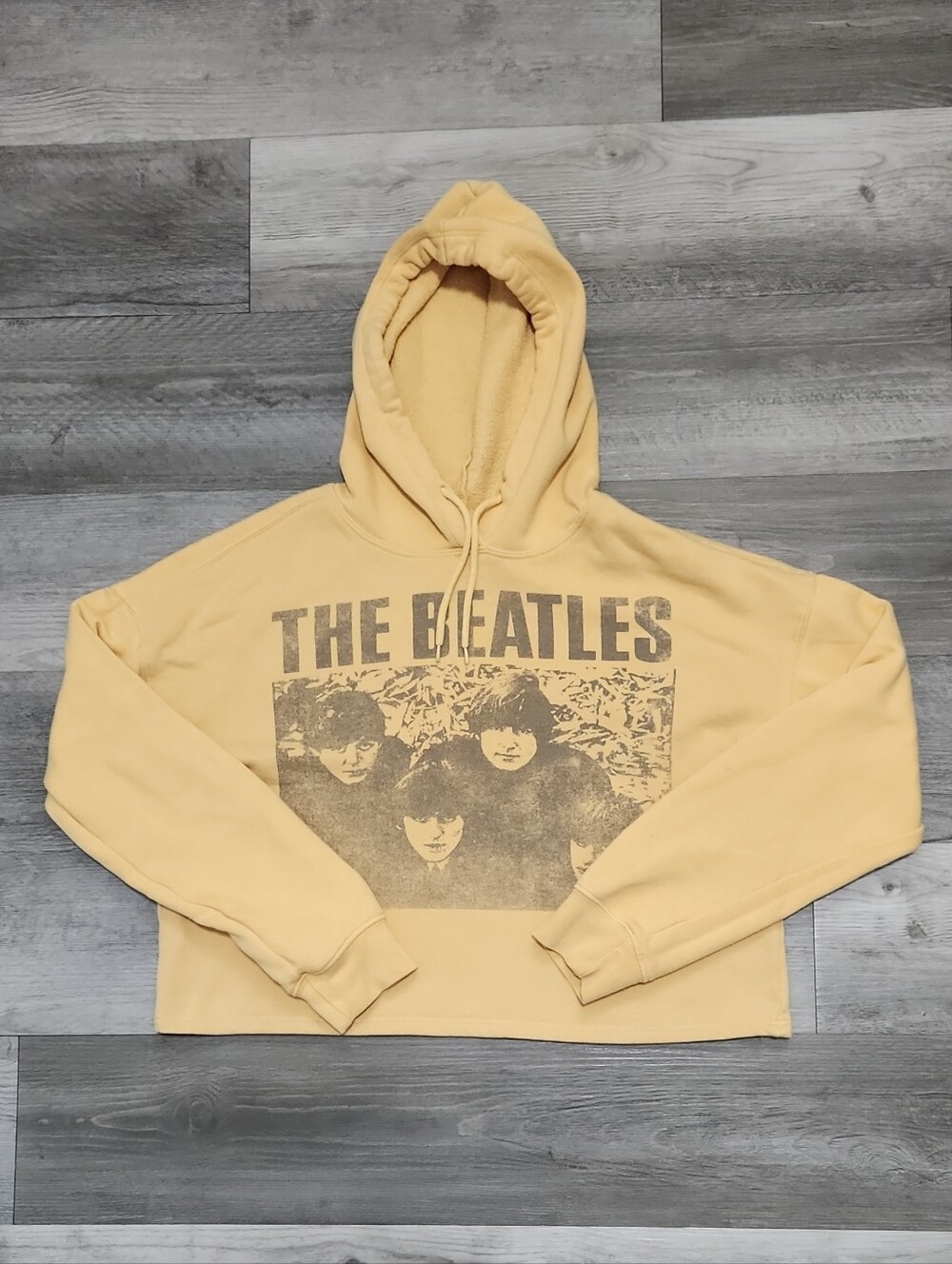 The Beatles Licensed Mustard Yellow Cropped Pullover Hoodie 1965 USA Tour Size M